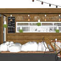 Outdoor Cafe With Wooden Structure String Lights White Sculptures Outdoor Seating And Green Plants