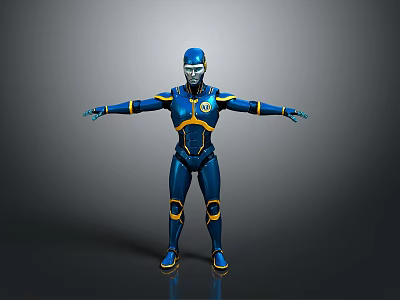 Futuristic Blue And Yellow Robot Character With Standing Pose And Outstretched Arms 3d model