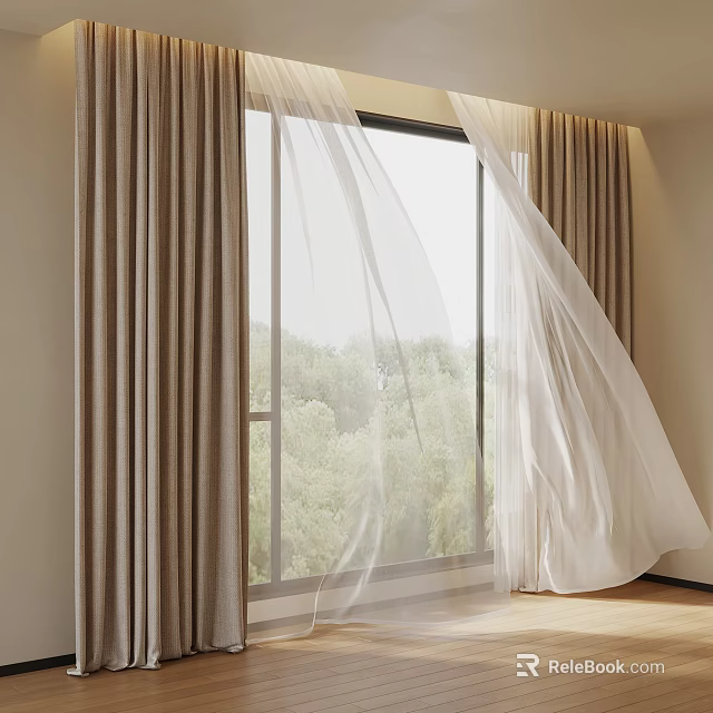 Indoor Window With Brown Curtains And White Sheer Curtains Overlooking Green Trees Outside 3d model 