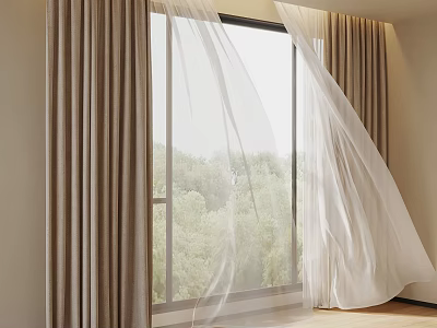 Indoor Window With Brown Curtains And White Sheer Curtains Overlooking Green Trees Outside 3d model