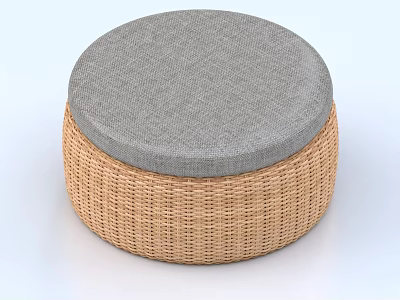 Round Stool With Gray Cushion And Light Brown Woven Design 3d model