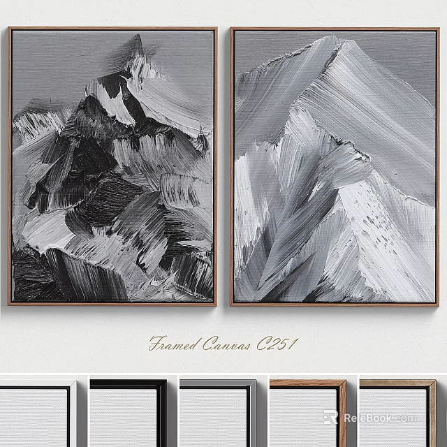 Framed Canvas Wall Art With Black And White Abstract Mountain Design 3d model 