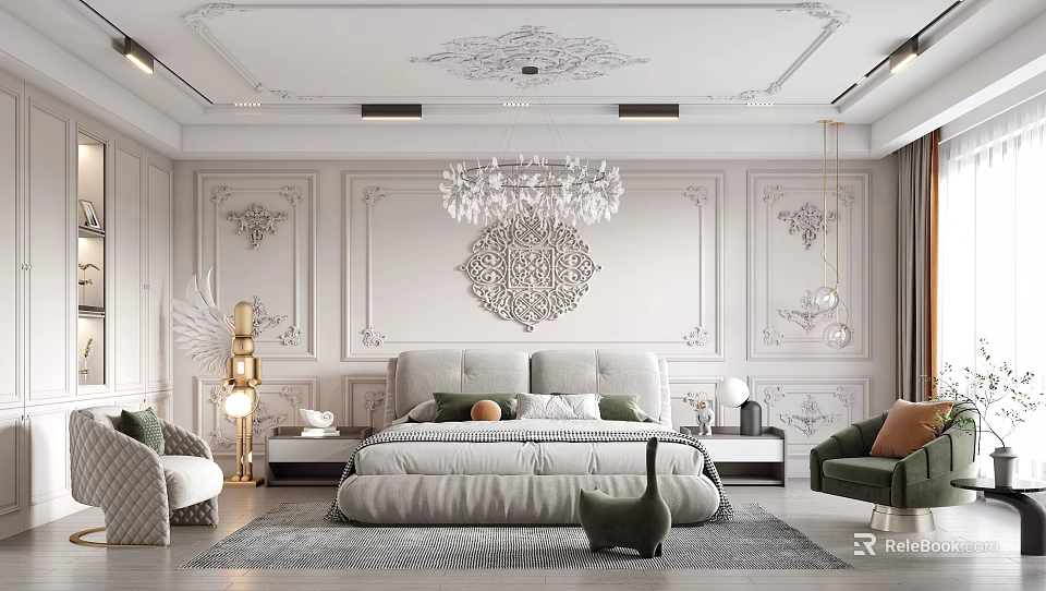 Elegant Modern Bedroom Interior With Luxurious Bed And Decorative Wall Elements 3d model 