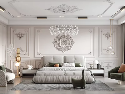 Elegant Modern Bedroom Interior With Luxurious Bed And Decorative Wall Elements 3d model