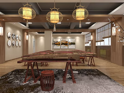 School Traditional Culture Classroom With Chinese Style Wooden Tables Round Stools And Decorative Lanterns 3d model