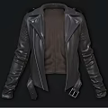 Black Leather Biker Jacket With Classic Lapel Zipper Closure And Belted Waist