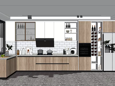 Modern Kitchen Design With Wooden Cabinets Glass Door Storage And Appliances 3d model