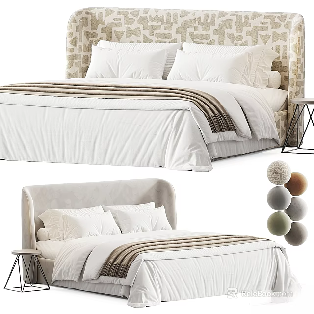Elegant Modern Double Bed Design With White Bedding Striped Bedspread And Upholstered Headboard 3d model 