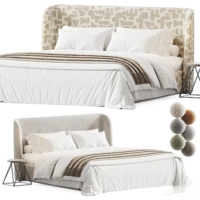 Elegant Modern Double Bed Design With White Bedding Striped Bedspread And Upholstered Headboard 3d model