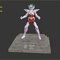 Game Movie Character Model in Red Silver Armor With Blue Shoulder Decorations on Engraved Pedestal