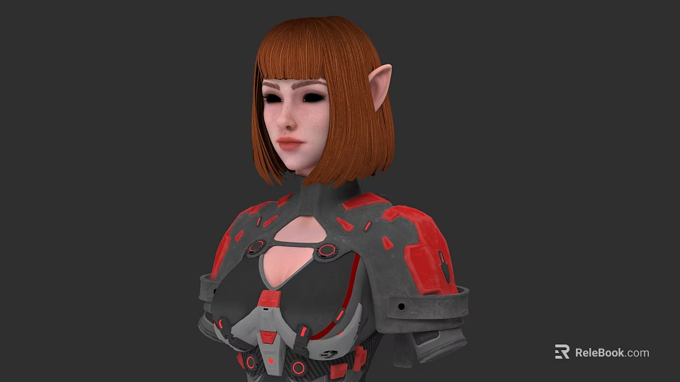 Game Movie Character With Short Brown Hair Elf Ears And Red Black Detailed Armor 3d model 