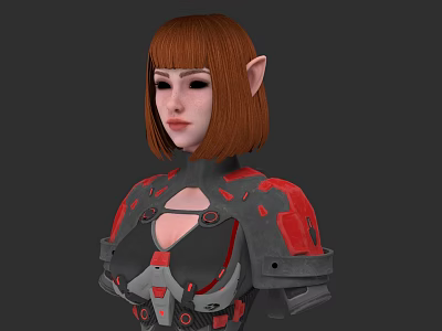 Game Movie Character With Short Brown Hair Elf Ears And Red Black Detailed Armor 3d model