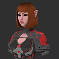 Game Movie Character With Short Brown Hair Elf Ears And Red Black Detailed Armor