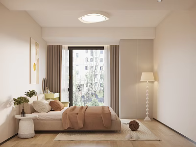 Cozy Modern Bedroom Interior Design With Wooden Floor Bed Curtains And Floor Lamp 3d model