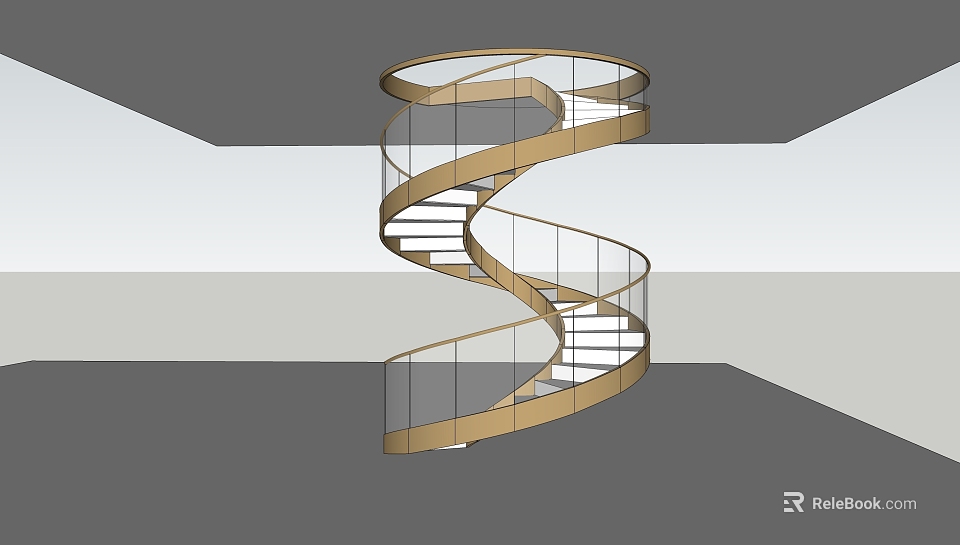 Modern Spiral Staircase Architectural Component With Golden Handrail And Glass Railing 3d model 