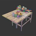 Wooden Table With Miniature Building Models Blue Barrel And Small Objects 3d model