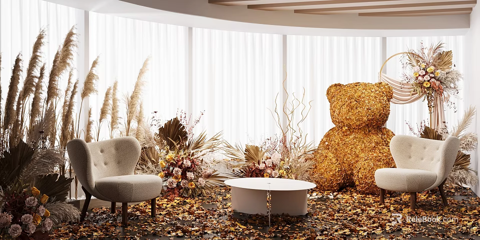 Casual Sofa Set With Golden Teddy Bear Dried Flowers Fallen Leaves And Round White Table 3d model 
