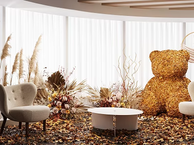 Casual Sofa Set With Golden Teddy Bear Dried Flowers Fallen Leaves And Round White Table 3d model