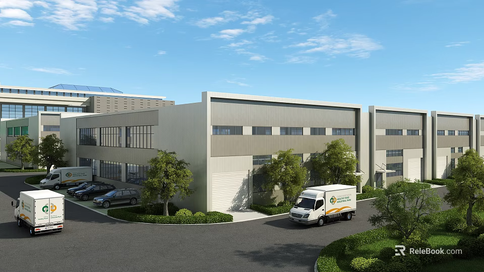 Modern Industrial Factory Building Exterior With Greenery Parking Area Cars And Delivery Van 3d model 