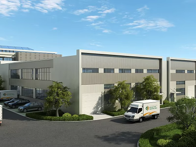 Modern Industrial Factory Building Exterior With Greenery Parking Area Cars And Delivery Van 3d model