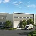 Modern Industrial Factory Building Exterior With Greenery Parking Area Cars And Delivery Van