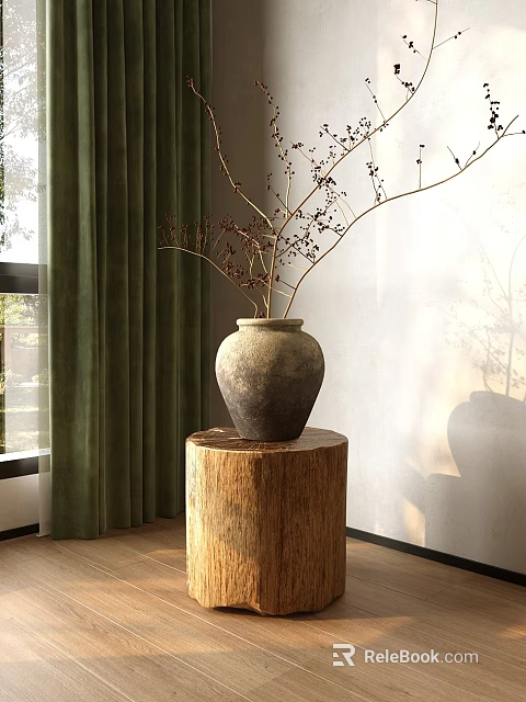 Clay Vase With Dried Branch Flowers On Wooden Stump By Window With Green Curtains 3d model 