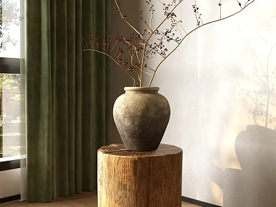 Clay Vase With Dried Branch Flowers On Wooden Stump By Window With Green Curtains 3d model