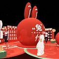 Vibrant Red Rabbit Themed Exhibition Scene With People And Decorative Elements 3d model