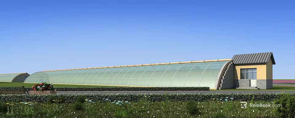 Modern Industrial Factory Building With Arched Glass Roof Under Blue Sky And Green Grass 3d model 