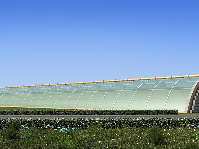 Modern Industrial Factory Building With Arched Glass Roof Under Blue Sky And Green Grass 3d model