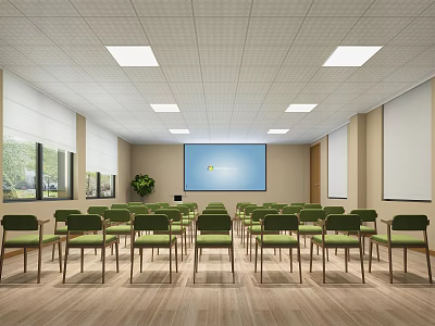 Bright Modern School Classroom With Green Chairs Large Screen Whiteboards Recessed Lighting And Wooden Flooring 3d model