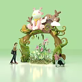 Colorful Vine Arch Decoration With Pink Rabbit Figure And Flower Elements For Viewing