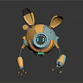 3D Robot Character With Yellow Blue Mechanical Ears Round Body And Digital Eyes