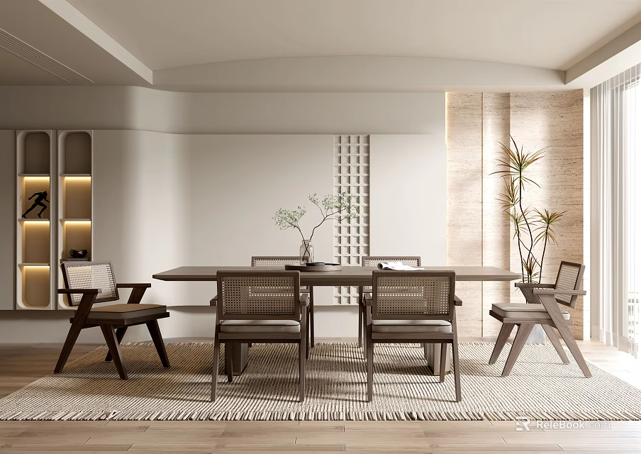 Modern Restaurant Interior With Long Dining Table Chairs Rug Wooden Wall And Plants 3d model 