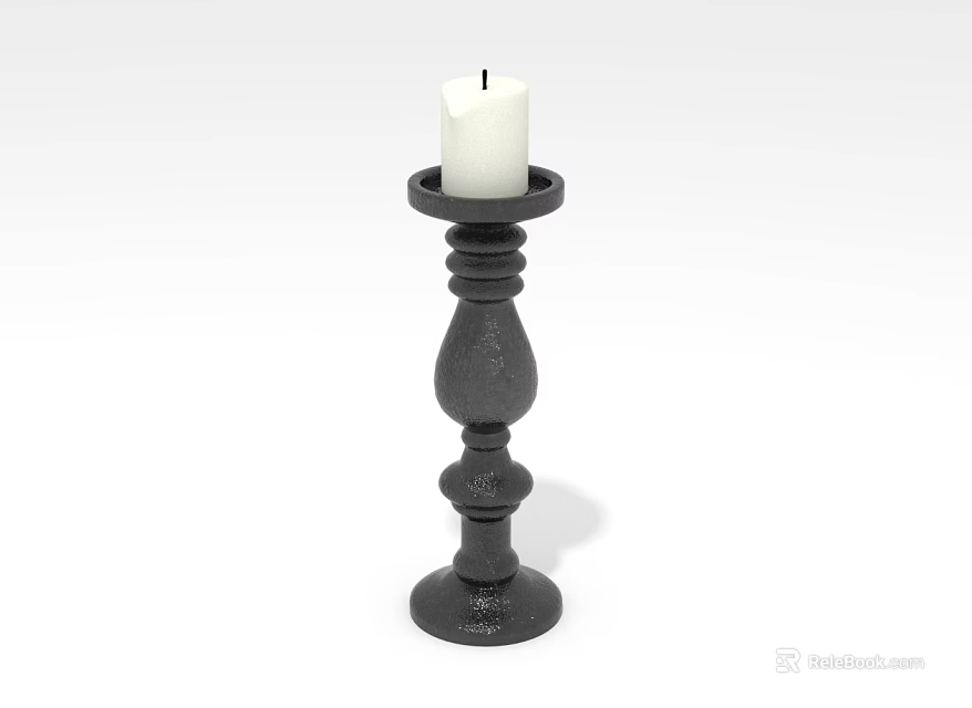 Decorative Black Candle Holder Stand With White Candle And Intricate Carved Design Details 3d model 