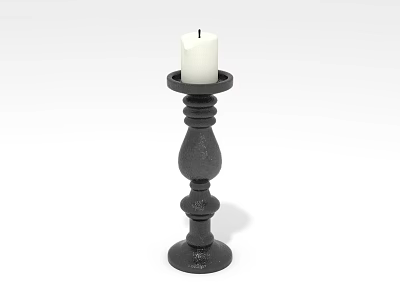 Decorative Black Candle Holder Stand With White Candle And Intricate Carved Design Details 3d model