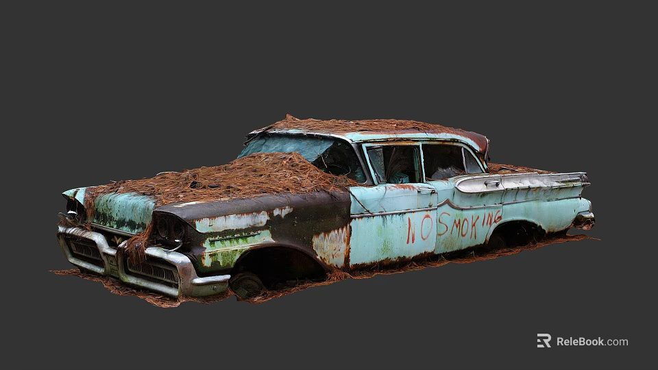 Abandoned Old Car With Rusty Body Covered In Hay And NO SMOG Graffiti 3d model 