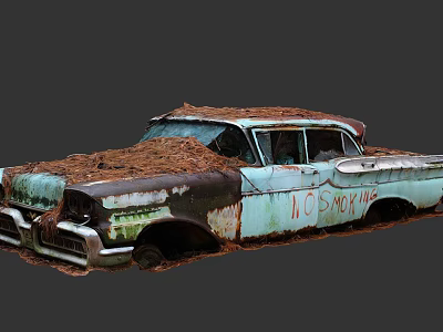 Abandoned Old Car With Rusty Body Covered In Hay And NO SMOG Graffiti 3d model