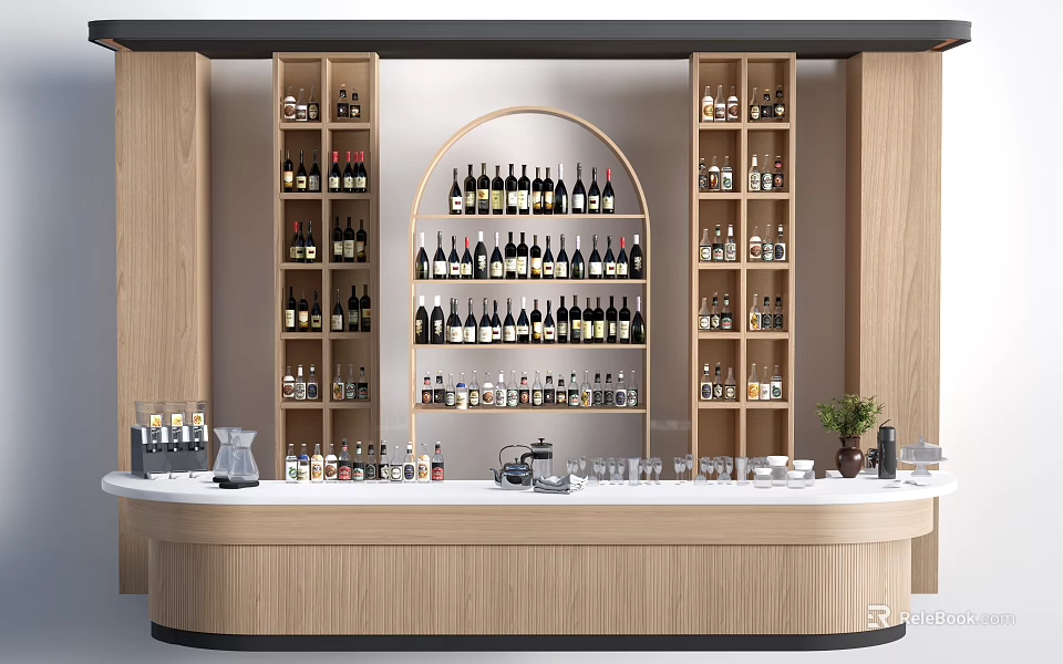 Wooden Bar Counter With Wine Racks Bottles Glasses And Drinks Equipment Setup 3d model 