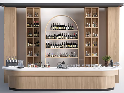 Wooden Bar Counter With Wine Racks Bottles Glasses And Drinks Equipment Setup 3d model