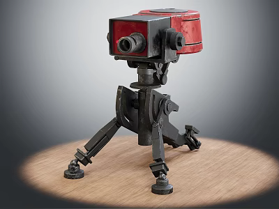 Red Camera Device On Black Tripod Stand With Wooden Surface Base 3d model