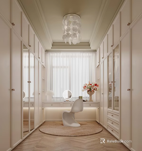 Elegant Modern Cloakroom Interior With White Cabinets Dressing Table Mirror Flowers And Chair 3d model 