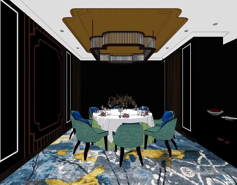 Luxurious Private Dining Room Interior With Round White Tablecloth Blue Chairs Chandelier And Colorful Carpet 3d model 