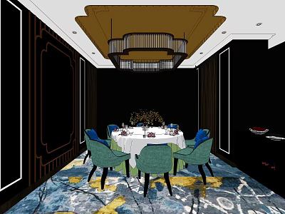 Luxurious Private Dining Room Interior With Round White Tablecloth Blue Chairs Chandelier And Colorful Carpet 3d model