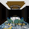 Luxurious Private Dining Room Interior With Round White Tablecloth Blue Chairs Chandelier And Colorful Carpet