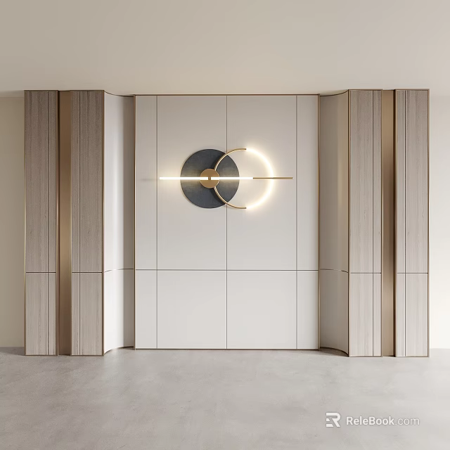 Modern Elegant Background Wall With White Panels Wood Veneer And Circular Metal Decorative Light 3d model 