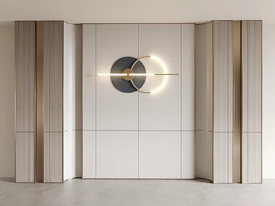 Modern Elegant Background Wall With White Panels Wood Veneer And Circular Metal Decorative Light 3d model