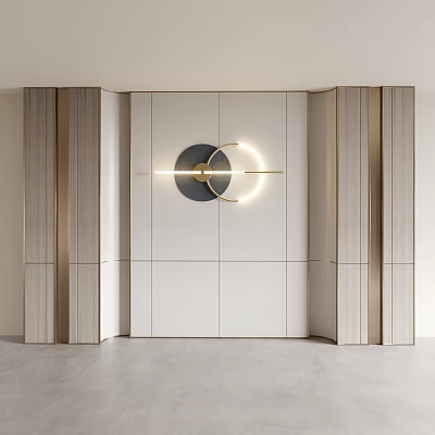 Modern Elegant Background Wall With White Panels Wood Veneer And Circular Metal Decorative Light 3d model