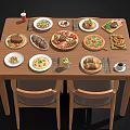 Assorted Food Dishes On Wooden Dining Table With Pizza Pasta Meat And Beverages