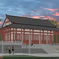 Traditional Chinese Ancient Architecture Featuring Classic Roof Red Pillars White Stone Steps And Sunset Sky